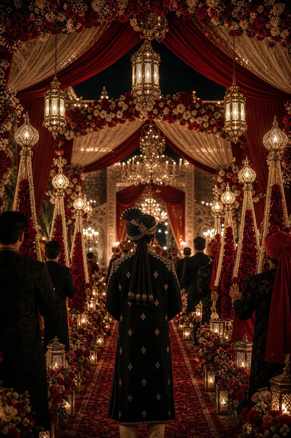Grand Baraat and Rukhsati entrance with red drapes, lanterns, florals, and groom procession atmosphere