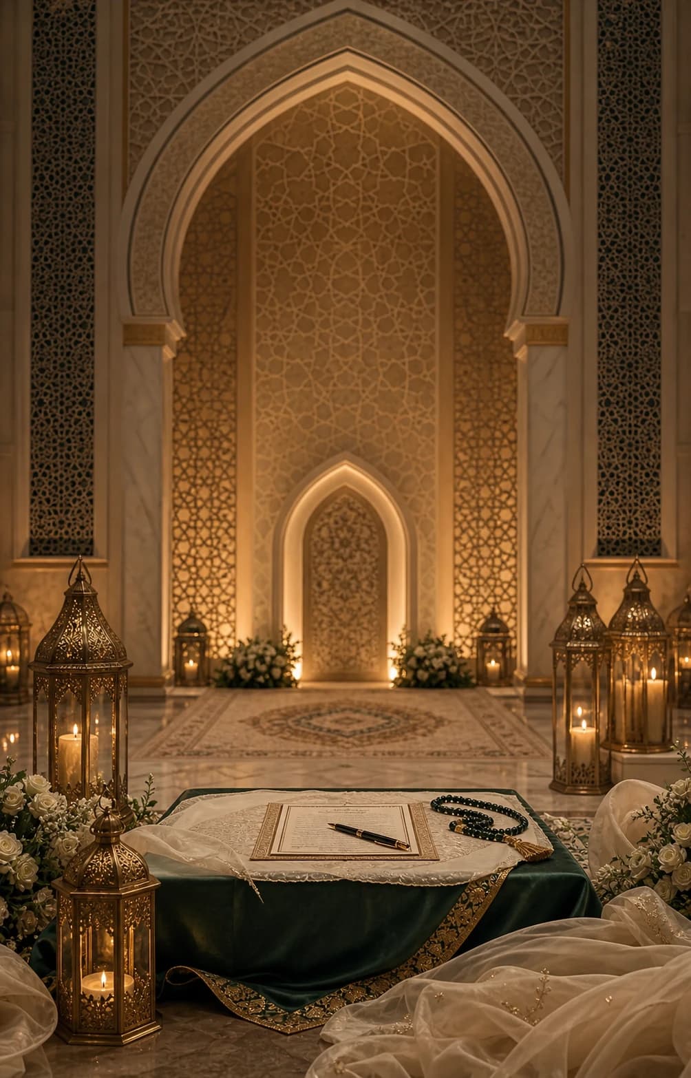 Luxury Nikkah ceremony setting with mosque arch, lanterns, and Nikkah contract table