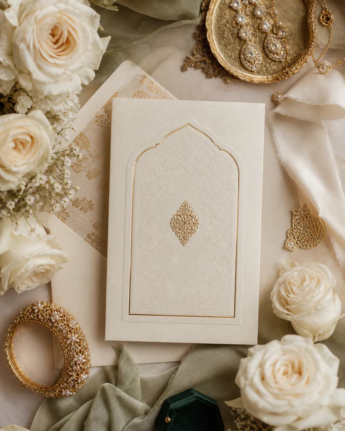 Ivory wedding flowers and invitation