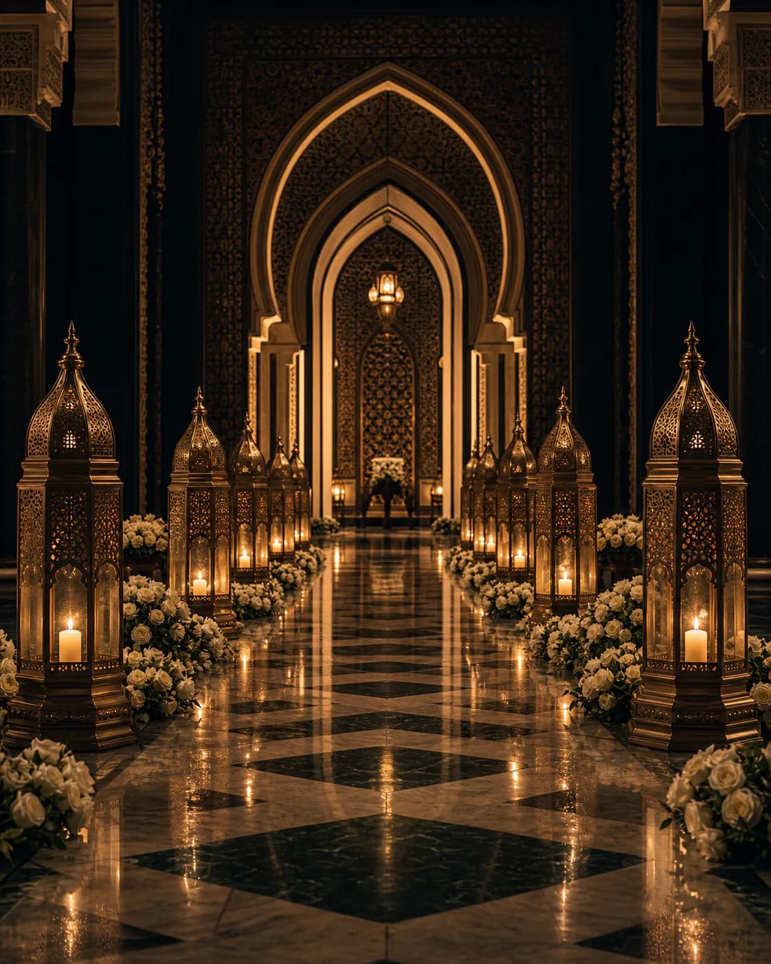 Golden lanterns in an arched hall